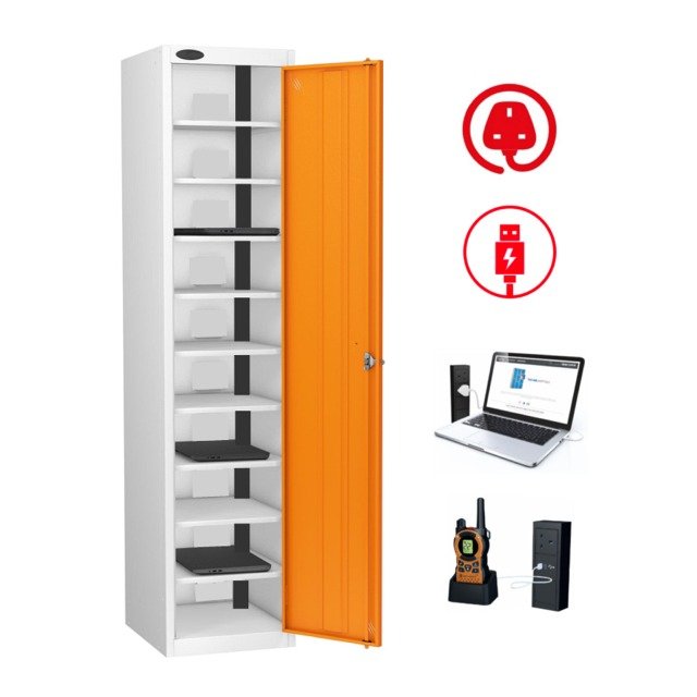 Powered lockers for laptops, tablets, phones, radios, tools, batteries
