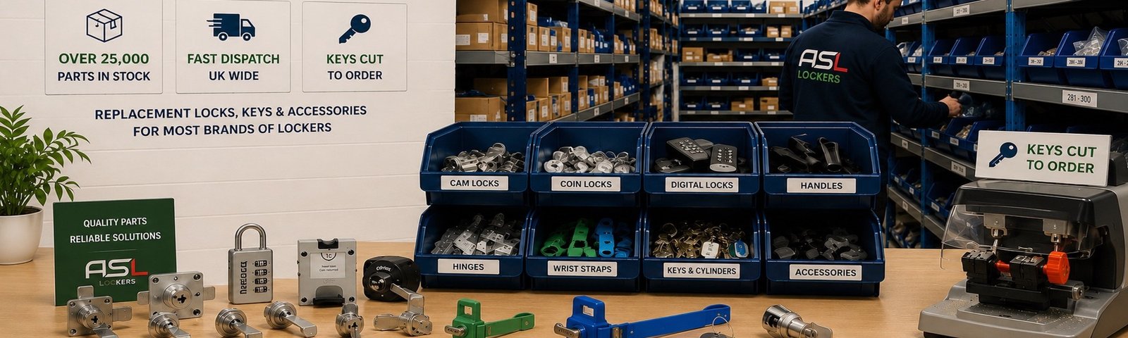 ASL locker parts store, replacement locks and keys, combination locks, wrist straps, coin locks, padlocks, hinges, locker doors and number plates and key fobs
